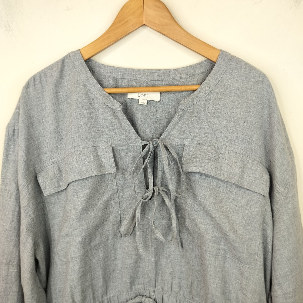 LOFT Blouse XXL Tie Front Balloon Sleeve Utility Casual Gray Cotton - Picture 2 of 11